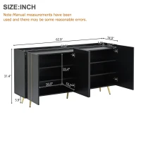 Storage Shoe Cabinet with 5 Metal Legs, Gold Lines Doors, Minimalist Sideboard Cabinet, Modern TV Stand, 63" L x 15" W x 31.5" H, Black(m-3)