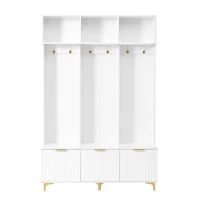 Modern Hall Tree with Bench, High Gloss Fluted Doors, 6 Gold Hooks, and Storage Cubbies, 49.5" L x 15.5" W x 75.5" H, White+Gold(m-2)