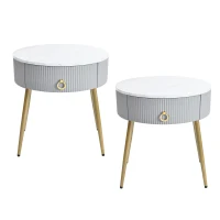 Set of 2 Modern End Tables with Storage, Faux Marble Tabletops, Fluted Panels, and Golden Legs, 19.5" L x 19.5" W x 20.5" H, Grey+Gold(m-2)