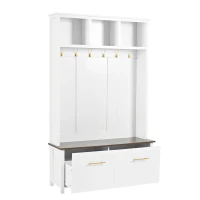 Vinsetto Versatile 4-in-1 Hall Tree with 6 Hooks, Wood Grain Bench, Multiple Storage, and 2 Drawers, 47" L x 15.5" W x 76.5" H, White(m-13)