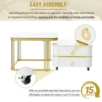 2-in-1 Square Nesting Coffee Table with Wheels & Drawers, High Gloss Marble Grain Top, Tempered Glass, 29" L x 27" W x 16" H, White+Gold(m-7)