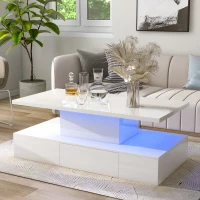Vinsetto Modern Glossy 2-Tier Rectangle Coffee Table with Drawer, LED Lighting, Center Table for Living Room, 39.5" L x 19.5" W x 15.5" H, White(m-1)