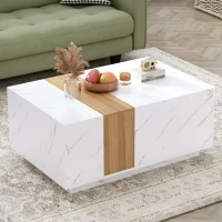 Vinsetto Modern Coffee Table with Faux Marble and Walnut Wood Grain Finish, Rectangular Center Table with 2 Storage Drawers, Space-Saving Design, White(m-1)