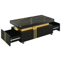 Vinsetto Contemporary Coffee Table with Faux Marble Top, Rectangle Cocktail Table with Caster Wheels, Gold Metal Bars, 39.5" L x 20" W x 17.5" H, Black(m-12)