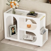Mobile End Table with Lockable Wheels, Fluted Tempered Glass, Golden Round Rod, Side Table for Living room, 31.5" L x 12" W x 23" H, White(m-1)