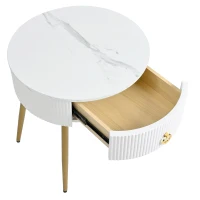 Vinsetto Set of 2 Modern End Tables with Storage, Faux Marble Tabletops, Fluted Panels, and Golden Legs, 19.5" L x 19.5" W x 20.5" H, White+Gold(m-11)