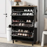 Vinsetto Narrow Design Shoe Cabinet with 3 Flip Drawers, Wood Grain Top, Adjustable Shelves, and 3 Hooks, 31.5" L x 9.5" W x 48" H, Black(m-4)