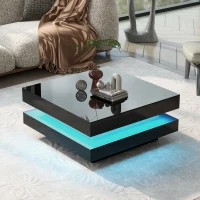 High Gloss Minimalist Coffee Table with LED Lights, 2-Tier Square Center Table for Living Room, 31.5" L x 31.5" W x 14" H, Black(m-1)