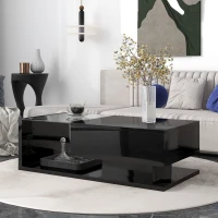 Modern Coffee Table with Tempered Glass, Wooden Cocktail Table with High-Gloss UV Surface, 2-Tier Rectangle Center Table for Living Room, Black(m-1)