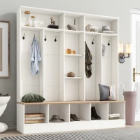 Wide Hall Tree with Storage Bench, Cube Storage, Shelves and 8 Hooks, Multifunctional Coat Rack, Shoe Cabinet, 67" L x 15" W x 72" H, White(m-1)