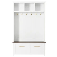 Vinsetto Versatile 4-in-1 Hall Tree with 6 Hooks, Wood Grain Bench, Multiple Storage, and 2 Drawers, 47" L x 15.5" W x 76.5" H, White(m-2)