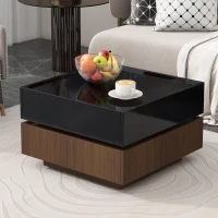 Multi-functional Square Coffee Table with 360° Rotating Top, 2 Drawers, High Gloss 2-Tier Design, 24" L x 24" W x 15" H, Black+Dark Walnut(m-4)