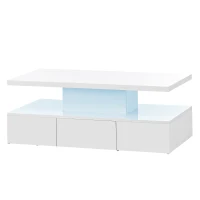 Vinsetto Modern Glossy 2-Tier Rectangle Coffee Table with Drawer, LED Lighting, Center Table for Living Room, 39.5" L x 19.5" W x 15.5" H, White(m-12)