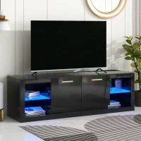 Modern TV Stand for TVs Up to 70'' with 2 Tempered Glass Shelves, LED Lights, High Gloss Entertainment Center, 61" L x 17" W x 19" H, Black(m-1)