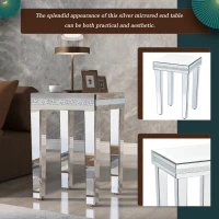 Modern Glass Mirrored Side Table with Crystal Design and Adjustable Height Legs, Easy Assembly End Table, 15" L x 15" W x 22.5" H, Silver(m-5)