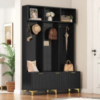 Modern Hall Tree with Bench, High Gloss Fluted Doors, 6 Gold Hooks, and Storage Cubbies, 49.5" L x 15.5" W x 75.5" H, Black+Gold(m-1)