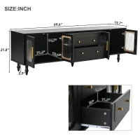 Retro Design TV Stand with Fluted Glass Doors, 2 Drawers and Cabinets, Fits TVs Up to 78", 70" L x 16" W x 22" H, Black(m-3)