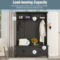 Modern Hall Tree with Storage Cabinet, 2 Large Drawers, Mudroom Bench with 5 Coat Hooks, 59" L x 16" W x 80.5" H, Black(m-7)