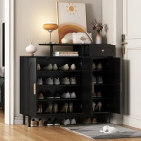 Elegant Shoe Cabinet with Arched Doors and Drawer, Adjustable Shelves, Solid Wood Legs, 47.5" L x 14.5" W x 43.5" H, Black(m-1)