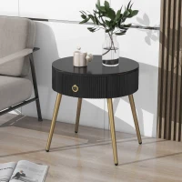 Set of 2 Modern End Tables with Storage, Faux Marble Tabletops, Fluted Panels, and Golden Legs, 19.5" L x 19.5" W x 20.5" H, Black+Gold(m-1)