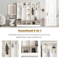 Wide Hall Tree with Storage Bench, Cube Storage, Shelves and 8 Hooks, Multifunctional Coat Rack, Shoe Cabinet, 67" L x 15" W x 72" H, White(m-5)