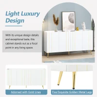 Storage Shoe Cabinet with 5 Metal Legs, Gold Lines Doors, Minimalist Sideboard Cabinet, Modern TV Stand, 63" L x 15" W x 31.5" H, White(m-6)