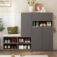 2-in-1 Shoe Storage Bench & Cabinet, Multi-functional Shoe Rack with Padded Seat and Adjustable Shelves, 55.5" L x 14" W x 43.5" H, Dark Gray(m-4)
