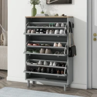 Vinsetto Narrow Design Shoe Cabinet with 3 Flip Drawers, Wood Grain Top, Adjustable Shelves, and Hooks, 31.5" L x 9.5" W x 48" H, Grey(m-4)