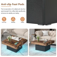 Farmhouse Wood Coffee Table with 2 USB Ports and Outlets, LED Light, Anti-Slip Foot Pads, Spliced Wood Grain, 31.5" L x 31.5" W x 16.5" H, Black(m-7)