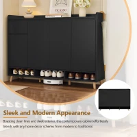 Sleek and Contemporary Shoe Cabinet with Adjustable Shelves, Solid Wood Legs, and Ample Storage, 55.5" L x 14" W x 39.5" H, Black(m-6)