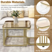 Nesting Coffee Table Set of 2 with Drawer, Square Stacking Tables with Tempered Glass and Marble Grain Tabletop for Living Room, White+Gold(m-5)