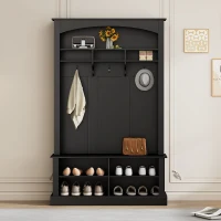 47.5'' Wide Hall Tree with Shoe Storage, 3 Hanging Hooks, Adjustable Shelves, and Multi-Functional Design, 47.5" L x 16" W x 75.5" H, Black(m-4)
