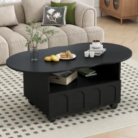 Vinsetto Coffee Table with Cloud Top, 2 Brake Wheels, Drawer, and Large Storage, 39.5" L x 23.5" W x 17.5" H, Black(m-1)