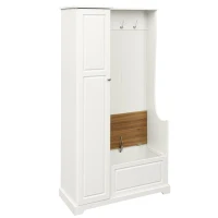 Hall Tree with Flip-Up Bench, Adjustable Shelves, and Hanging Hooks for Entryways, 36" L x 15.5" W x 70.5" H, White(m-12)