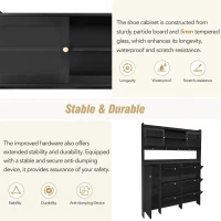 Vinsetto Multifunctional Shoe Cabinet with Storage Shelf, 6 Drawers, 4 Hooks and Tempered Glass Doors, Modern Hall Tree, 62" L x 7" W x 82" H, Black(m-9)