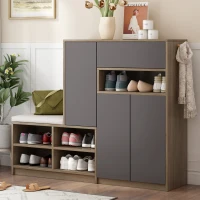 2-in-1 Shoe Storage Bench & Cabinet, Multi-functional Shoe Rack with Padded Seat and Adjustable Shelves, 55.5" L x 14" W x 43.5" H, Dark Gray(m-1)