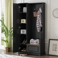 Hall Tree with Flip-Up Bench, Adjustable Shelves, and Hanging Hooks for Entryways,36" L x 15.5" W x 70.5" H, Black(m-4)