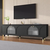 Contemporary TV Stand with Adjustable Shelves for TVs Up to 78", Media Console with Gold Handles and Fluted Glass Doors, Black(m-1)