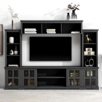 Modern Multifunctional TV Stand for TVs Up to 70" with Glass Door and Bridge, Minimalism Entertainment Wall Unit, 104" L x 15" W x 78.5" H, Black(m-4)