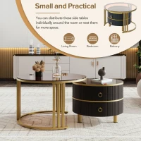Stackable Coffee Table Set with 2 Drawers, Nesting Tables with Tempered Glass and High Gloss Marble Tabletop, Table for Living Room, Golden Black(m-5)