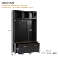 Vinsetto Versatile 4-in-1 Hall Tree with 6 Golden Hooks, Brown Wood Grain Bench, Multiple Storage Spaces, and 2 Drawers, 47" L x 15.5" W x 76.5" H, Black(m-3)