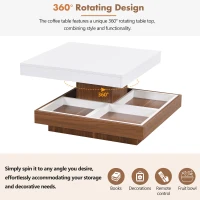 Square 360° Rotating Wood Coffee Table with 3 Detachable Trays, Storage Table for Living Room, 27.5" L x 27.5" W x 14" H, White+Walnut(m-6)