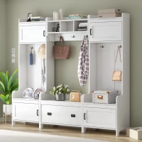 Modern 4-in-1 Hall Tree with Coat Rack, Storage Bench, Entryway Shelf, 7 Metal Hooks, and 4 Cabinets, 78.5" L x 15" W x 72" H, White(m-1)