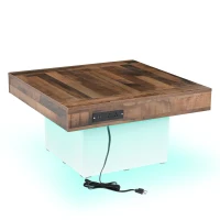 Farmhouse Wood Coffee Table with 2 USB Ports and Outlets, LED Light, Anti-Slip Foot Pads, Spliced Wood Grain, 31.5" L x 31.5" W x 16.5" H, White(m-13)