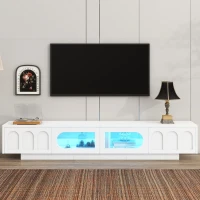 TV Stand with Fluted Tempered Glass Doors for TVs Up to 95", Media Console with APP-Controlled LED Light, 87" L x 16" W x 16" H, White(m-4)