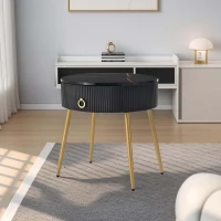 Set of 2 Modern End Tables with Storage, Faux Marble Tabletops, Fluted Panels, and Golden Legs, 19.5" L x 19.5" W x 20.5" H, Black+Gold(m-4)