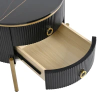 Vinsetto Round End Table with Storage Drawers, Modern Faux Marble Tabletop, Metal Legs and Handles, Black+Gold(m-9)