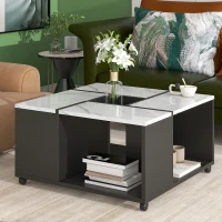 Vinsetto Modern 2-Layer Coffee Table with Casters and Removable Tray, Square Cocktail Table with UV High-Gloss Marble Design, White+Black(m-4)