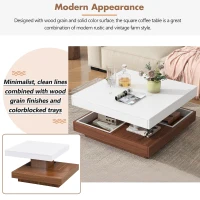 Square 360° Rotating Wood Coffee Table with 3 Detachable Trays, Storage Table for Living Room, 27.5" L x 27.5" W x 14" H, White+Walnut(m-5)