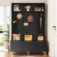 Modern Hall Tree with Bench, High Gloss Fluted Doors, 6 Gold Hooks, and Storage Cubbies, 49.5" L x 15.5" W x 75.5" H, Black+Gold(m-4)